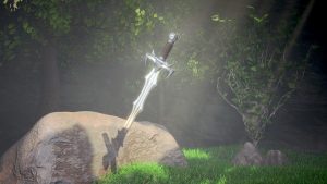 La leyenda de Excalibur y el Rey Arturo. Imagen de la espada clavada en la piedra