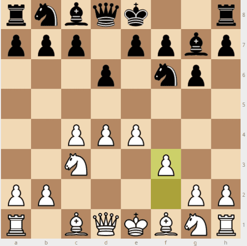 taque Saemisch contra la India de Rey. Imagen de la apertura en el tablero de ajedrez
